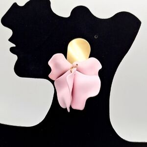 Statement Floral Drop Earrings - Pink Petal & Gold Tone Accent